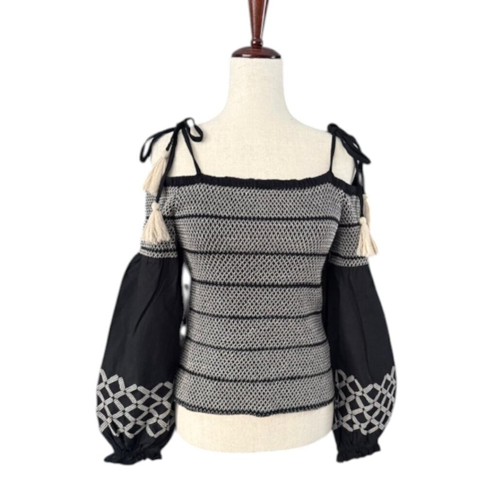 INC Cotton Embroidered Smocked Top Off shoulder Deep Black Petite Medium  NWT - Picture 2 of 16